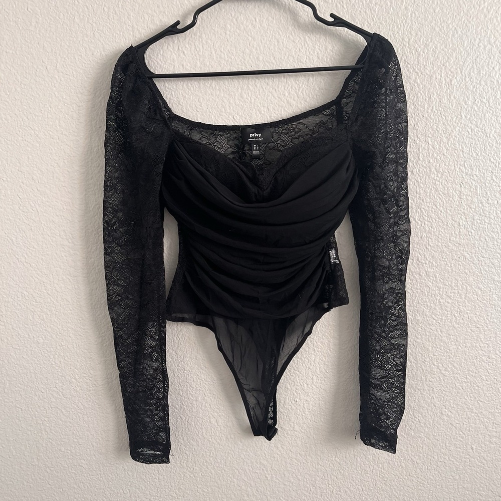 Privy Women's Large Black Bodysuit Ruched Sheer Sleeve Lace Whimsigoth Romantic